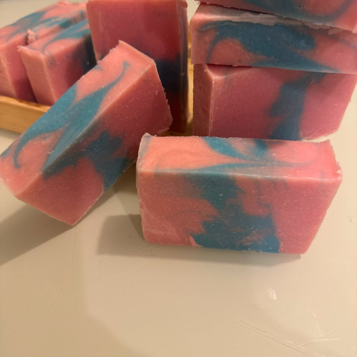 Pink and blue cotton candy cold process soap